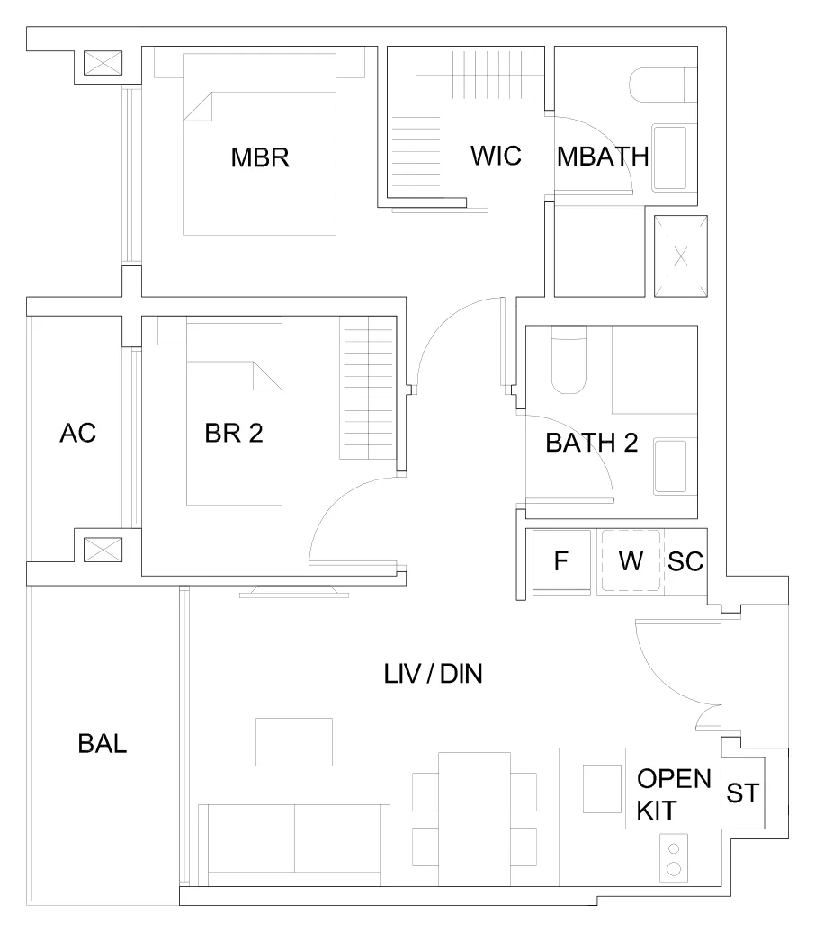 Sky Vue floor plan, type B1c: 2-Bedroom, 678 sq ft