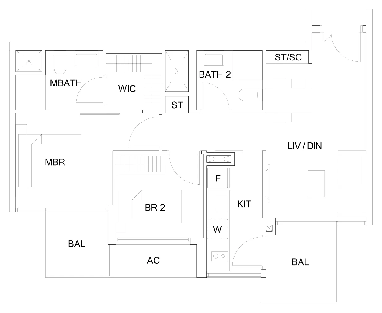 Sky Vue floor plan, type B2a1: 2-Bedroom Suite, 796 sq ft