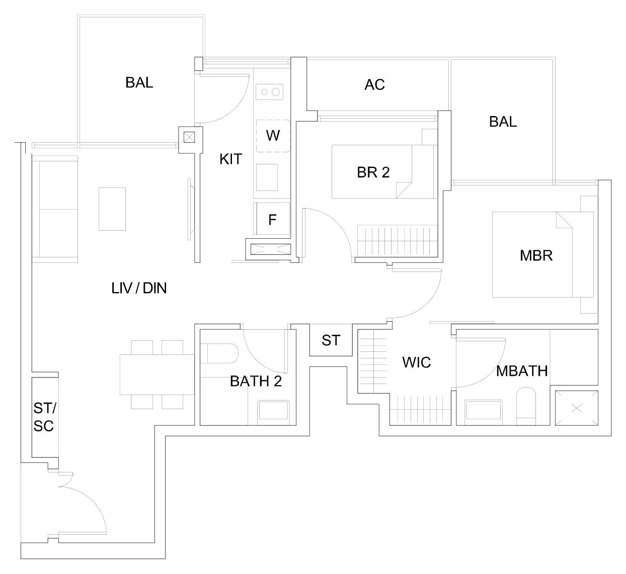 Sky Vue floor plan, type B2b1: 2-Bedroom Suite, 829 sq ft