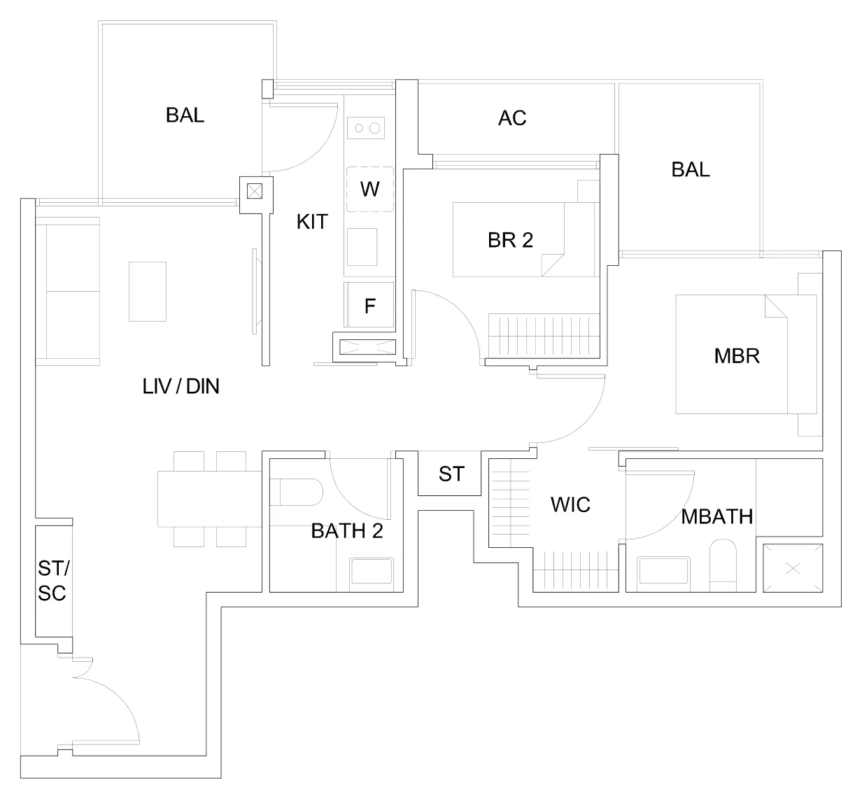 Sky Vue floor plan, type B2b2: 2-Bedroom Suite, 829 sq ft