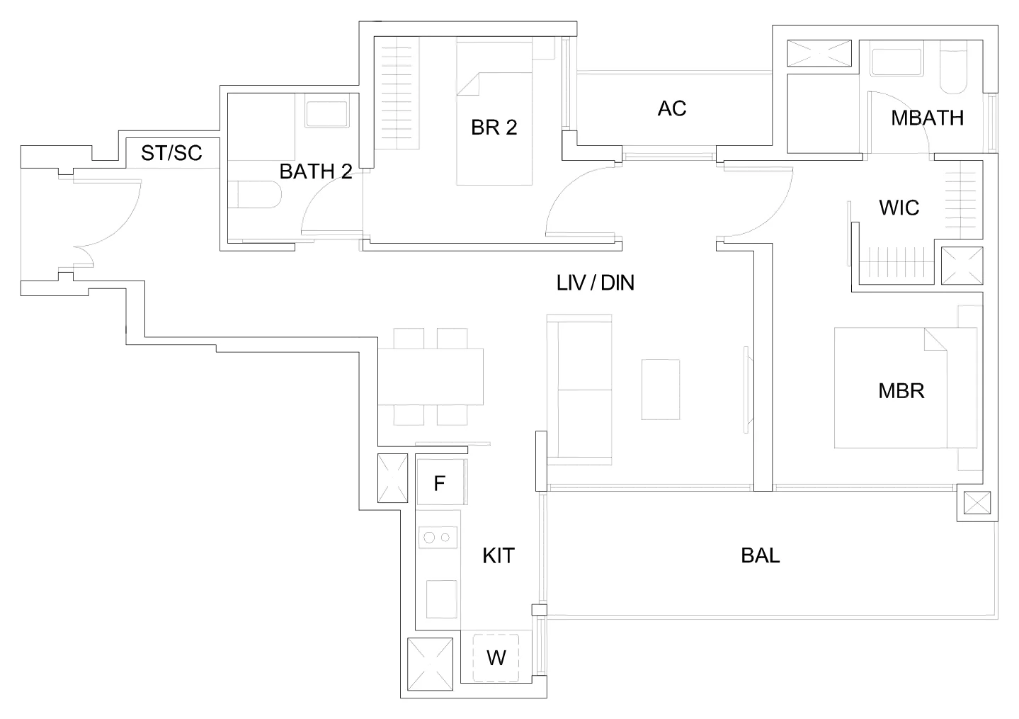 Sky Vue floor plan, type B2c1(M): 2-Bedroom Suite, 807 sq ft
