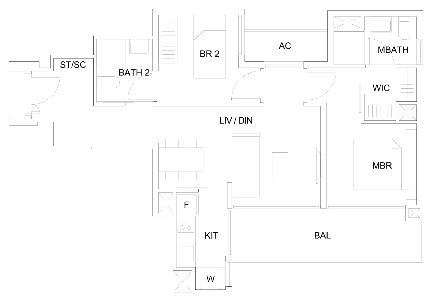 Sky Vue floor plan, type B2c2(M): 2-Bedroom Suite, 807 sq ft