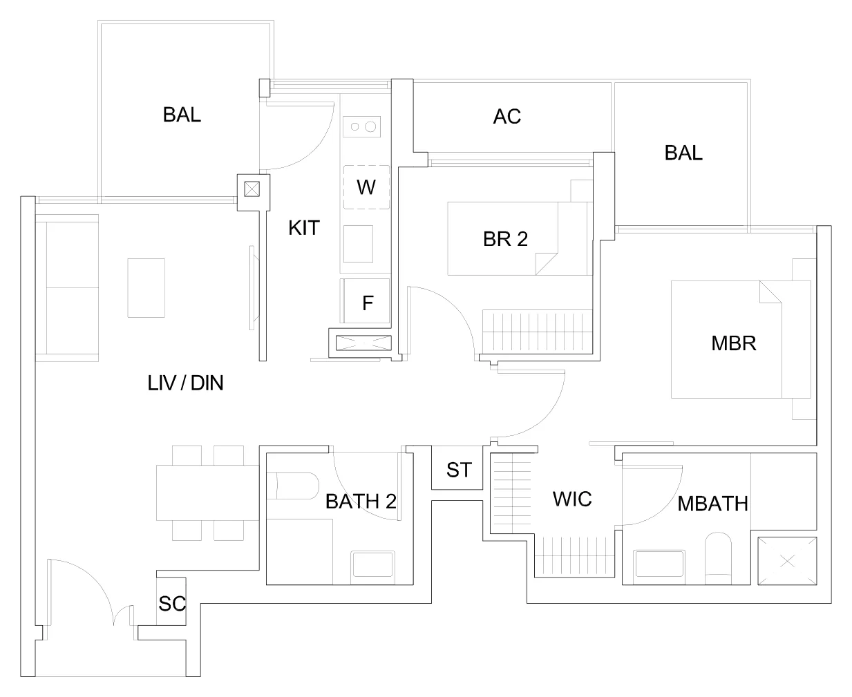 Sky Vue floor plan, type B2d1: 2-Bedroom Suite, 796 sq ft