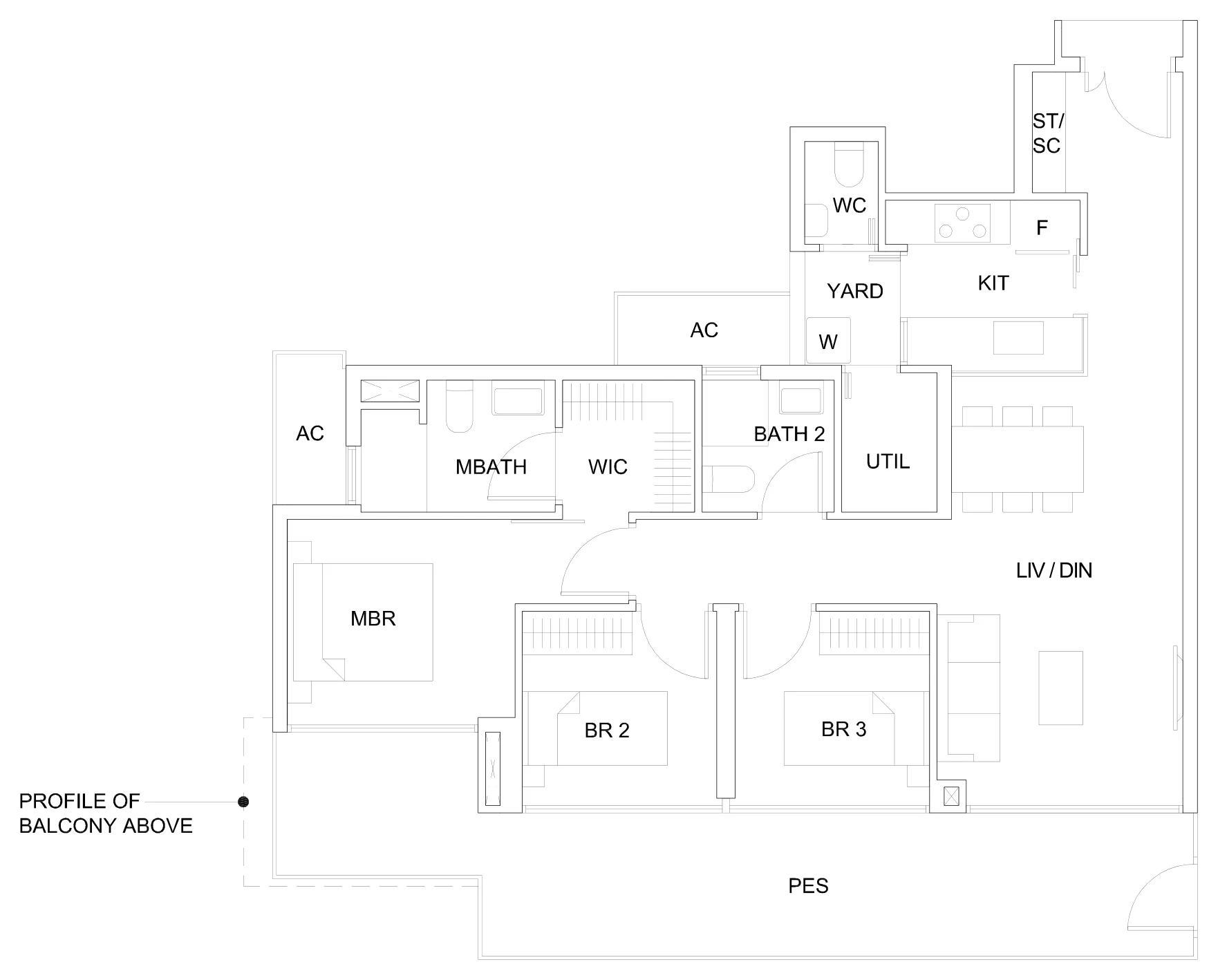 Sky Vue floor plan, type Ca1(P): 3-Bedroom, 1,259 sq ft