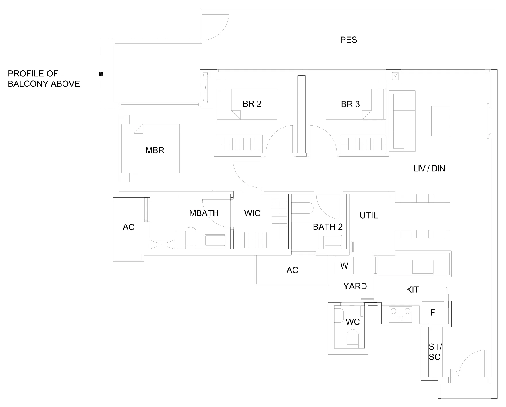 Sky Vue floor plan, type Ca2(P)(M): 3-Bedroom, 1,259 sq ft