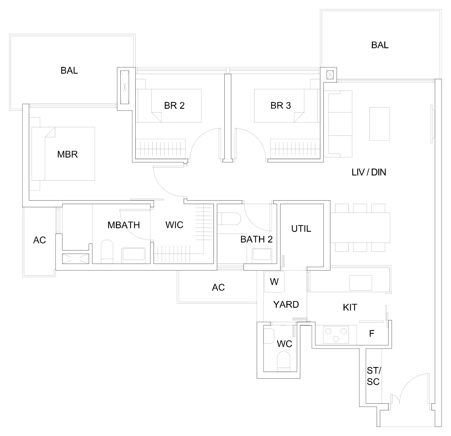 Sky Vue floor plan, type Ca3(M): 3-Bedroom, 1,141 sq ft