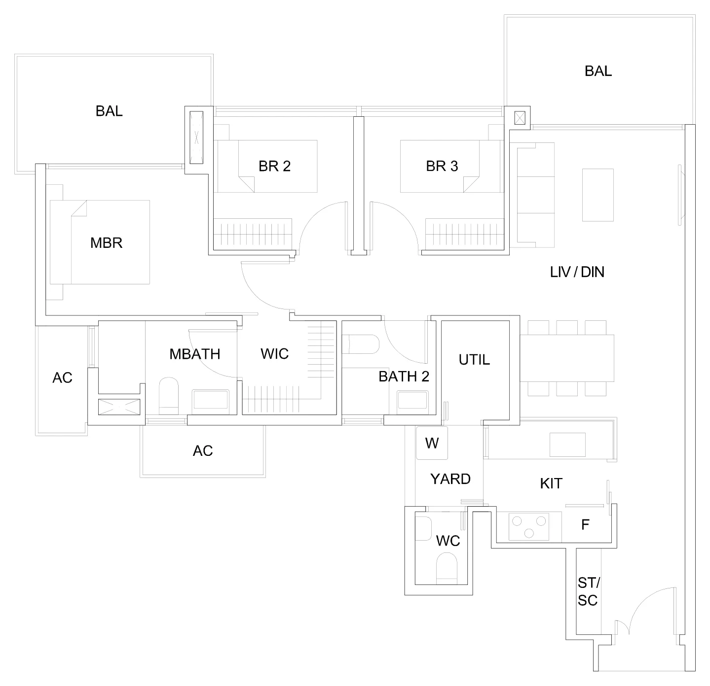 Sky Vue floor plan, type Ca4(M): 3-Bedroom, 1,141 sq ft