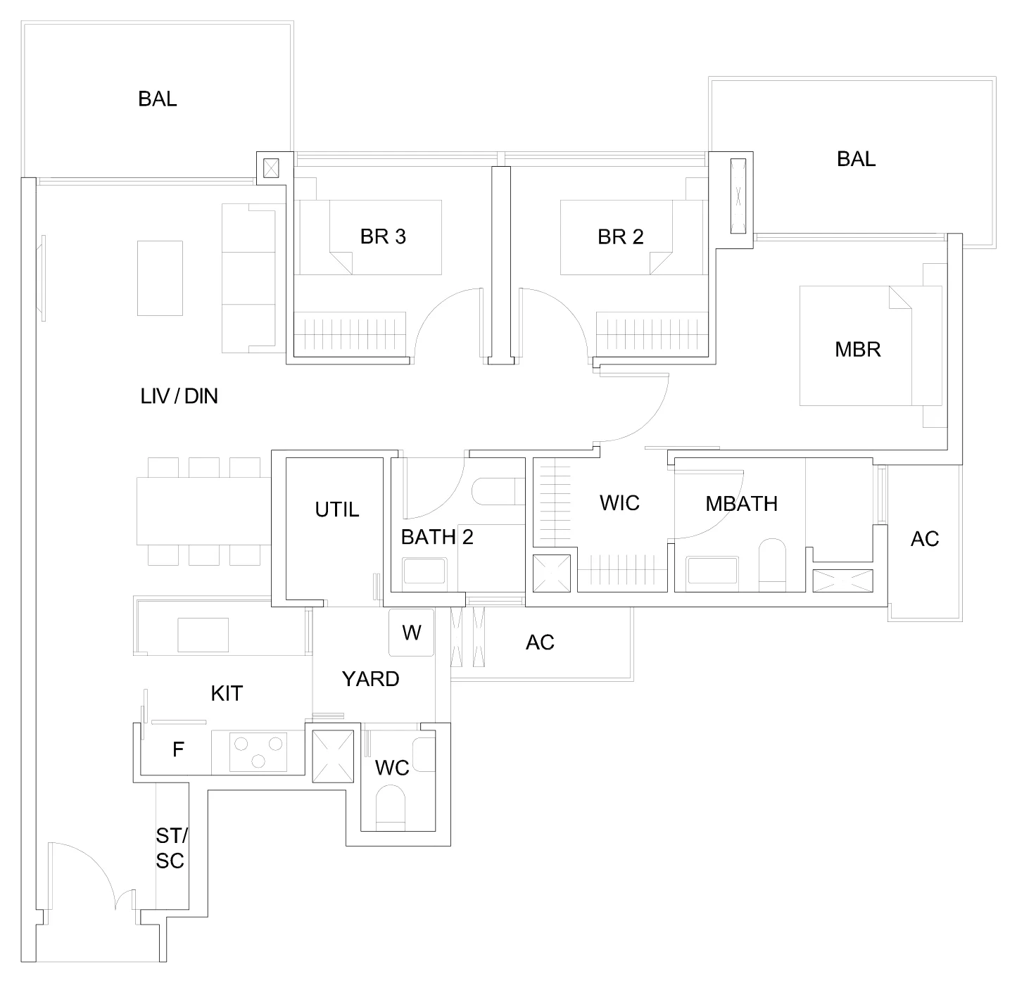 Sky Vue floor plan, type Cb1(M): 3-Bedroom, 1,141 sq ft