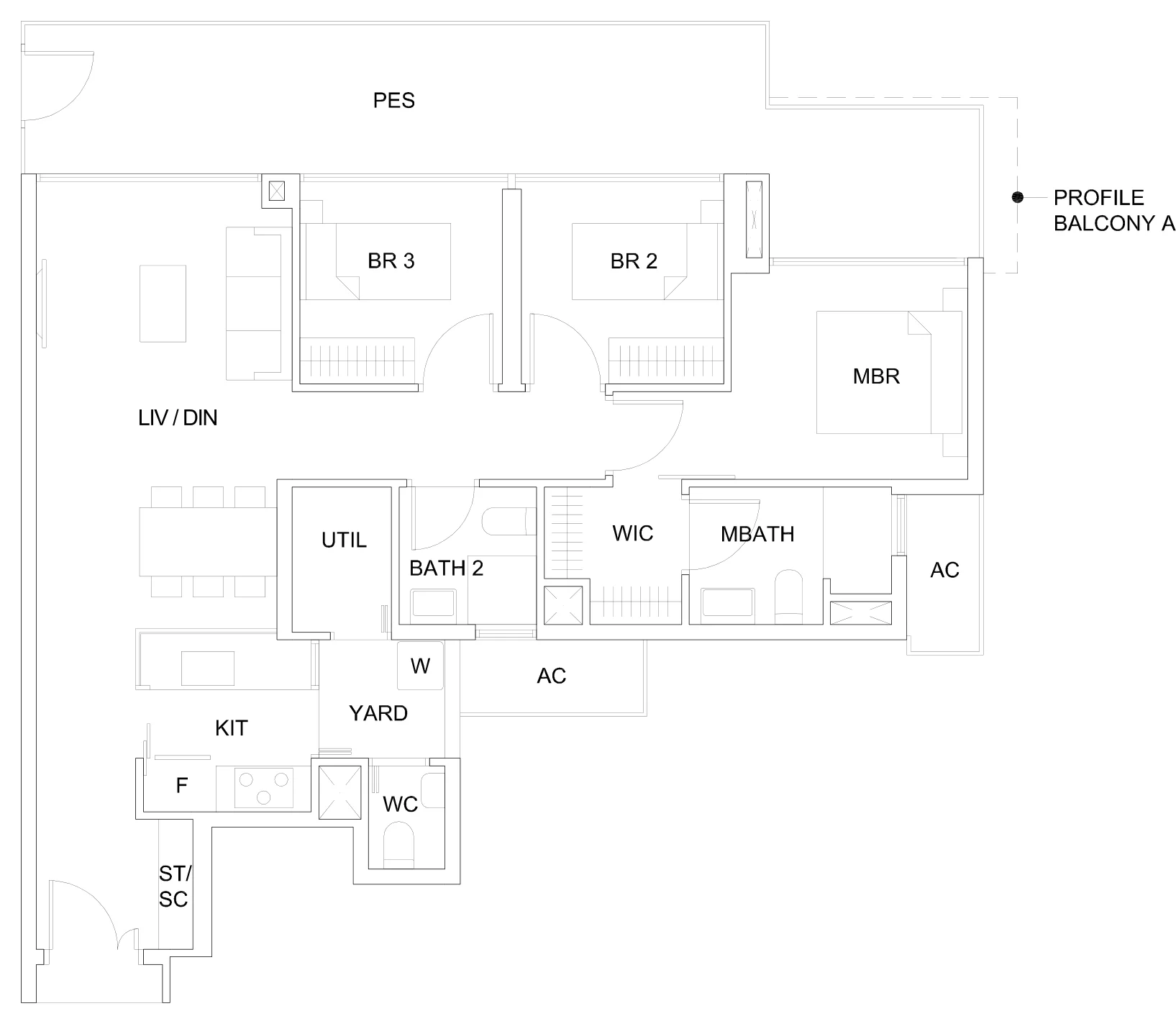 Sky Vue floor plan, type Cb1(P)(M): 3-Bedroom, 1,259 sq ft