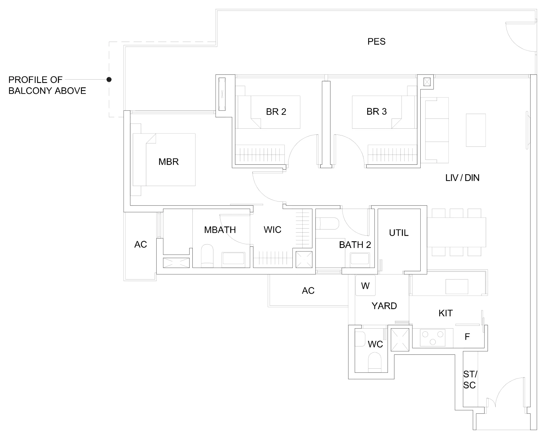 Sky Vue floor plan, type Cb1(P): 3-Bedroom, 1,259 sq ft