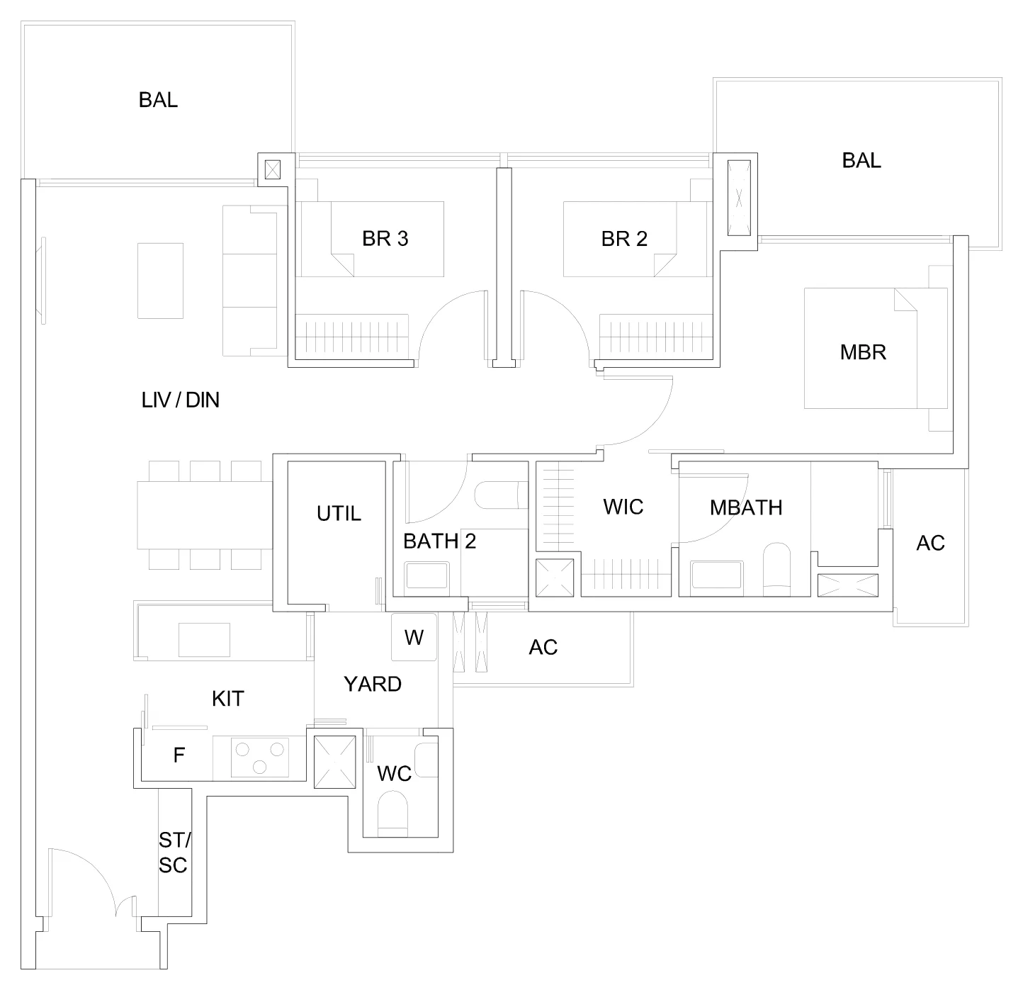 Sky Vue floor plan, type Cb2(M): 3-Bedroom, 1,141 sq ft