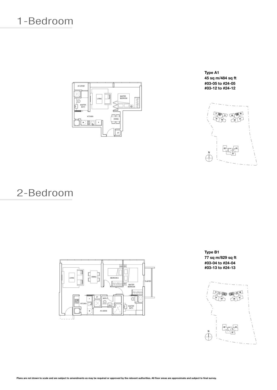 Skyline Residences floor plan, type A1: 1-Bedroom, 484 sq ft