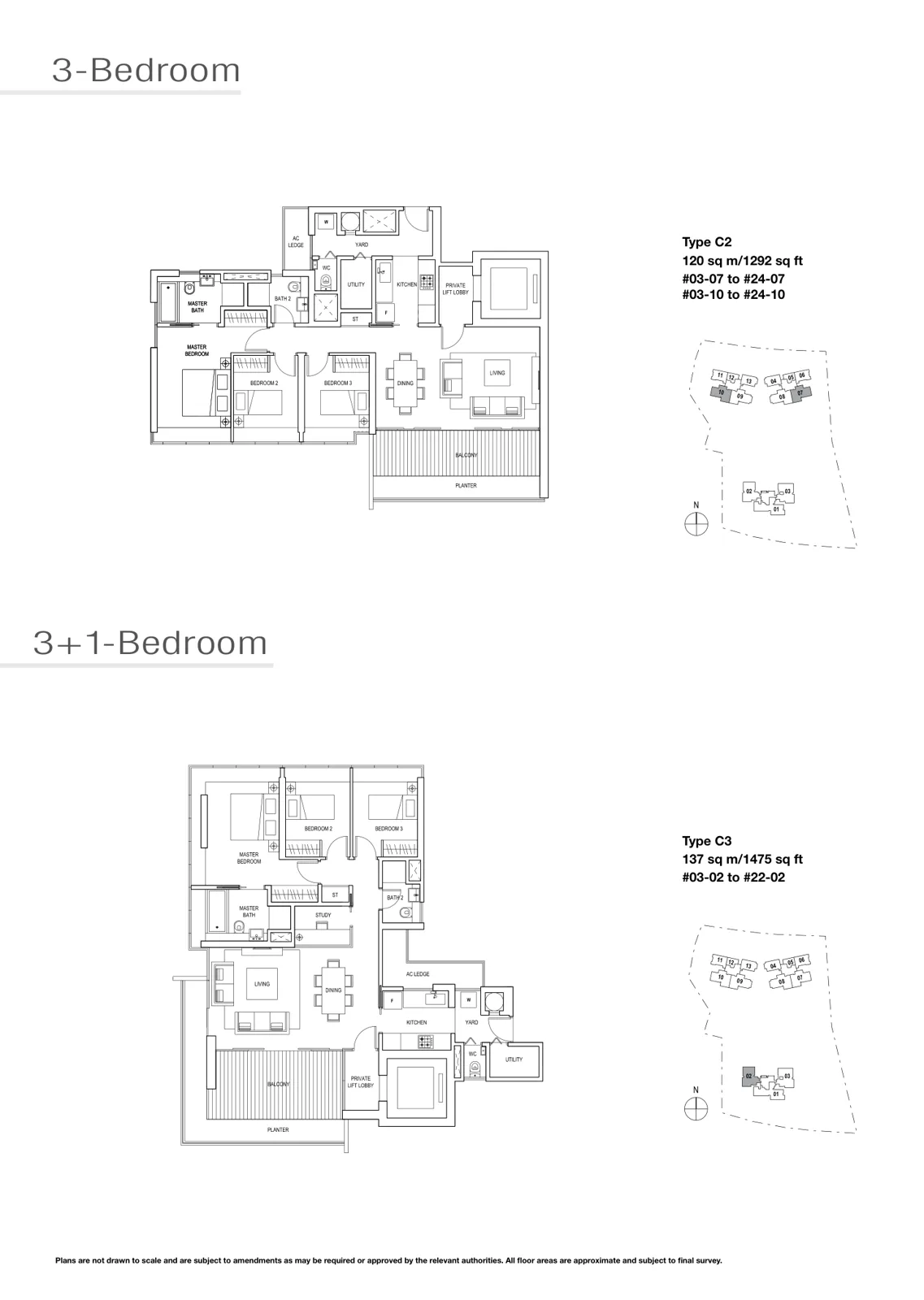 Skyline Residences floor plan, type C2: 3-Bedroom, 1,292 sq ft