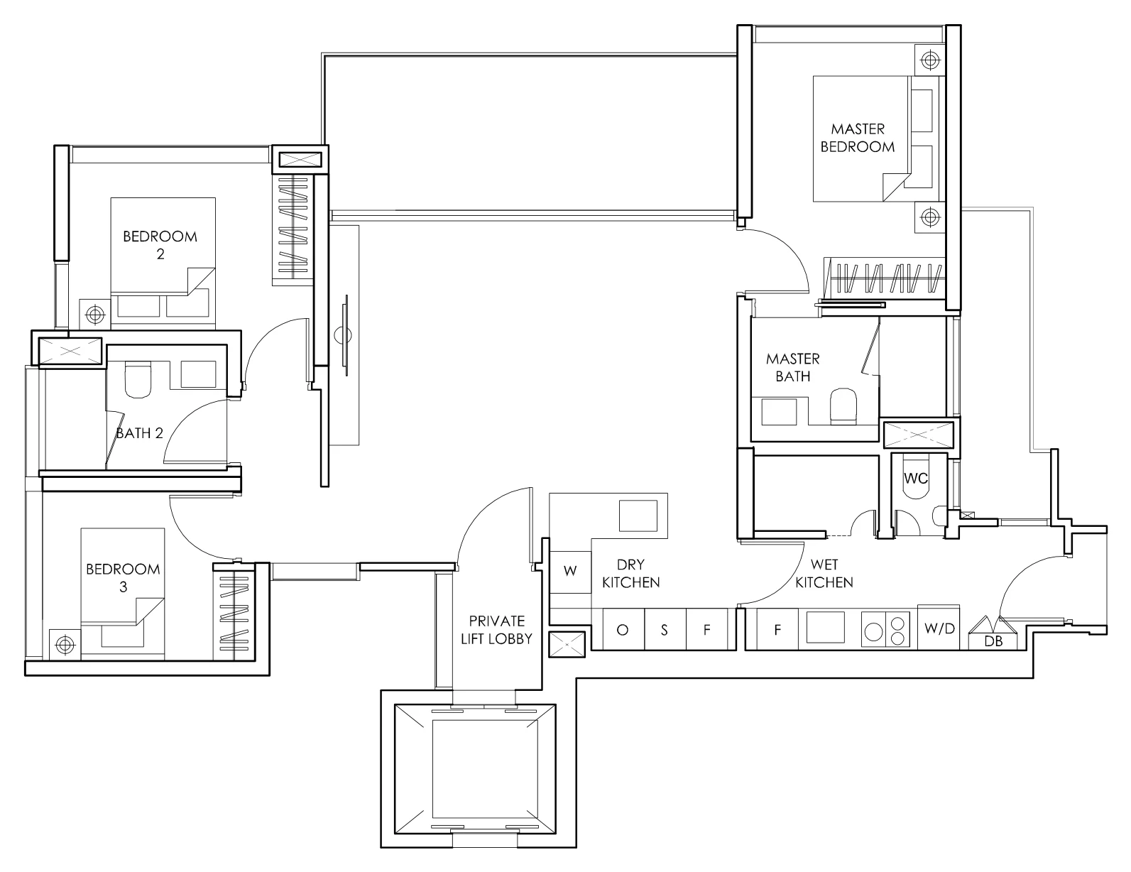 Sloane Residences floor plan, type C1: 3-Bedroom, 1,249 sq ft