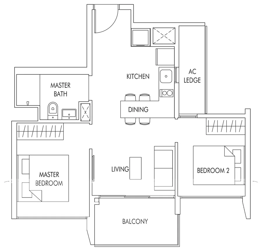 Sol Acres floor plan, type B1: 2-Bedroom, 614 sq ft