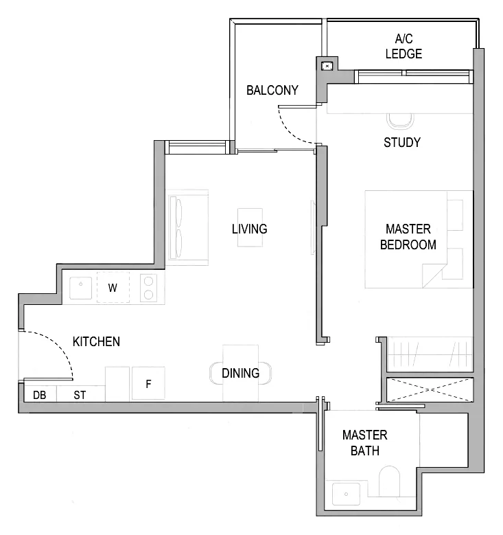 Sora floor plan, type A1S: 1-Bedroom + Study, 538 sq ft