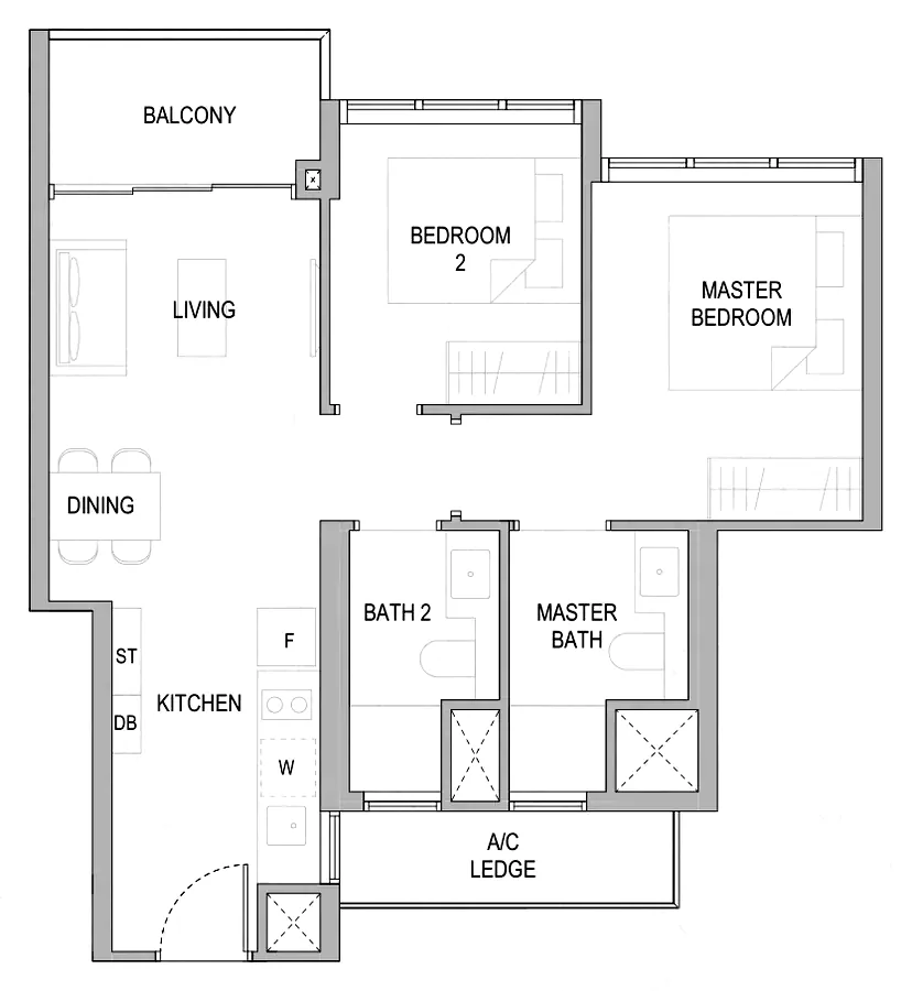 Sora floor plan, type B2: 2-Bedroom Deluxe, 667 sq ft