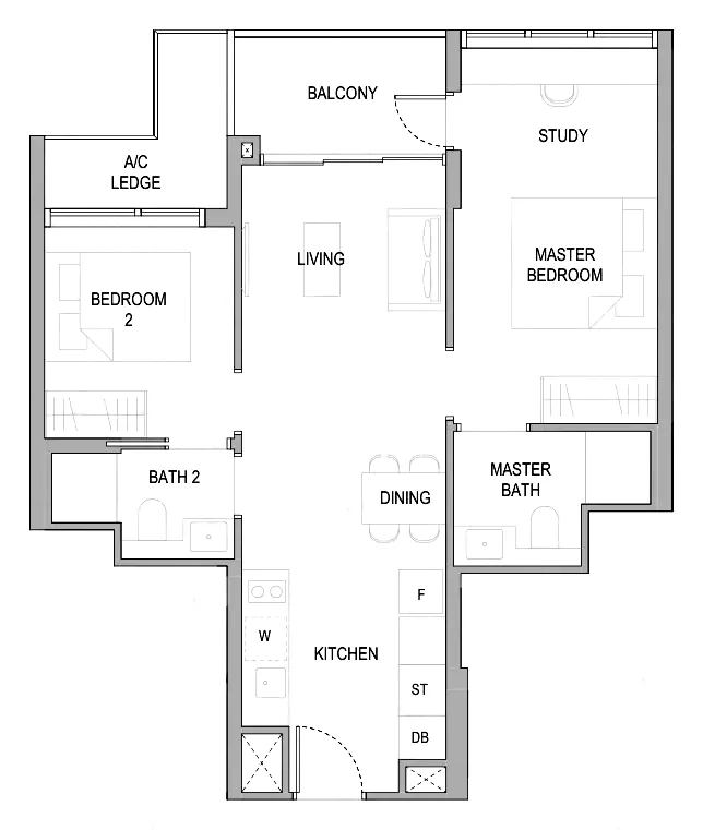 Sora floor plan, type B3S: 2-Bedroom Deluxe + Study, 732 sq ft