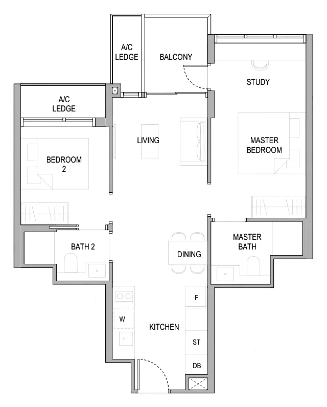 Sora floor plan, type B4S: 2-Bedroom Deluxe + Study, 732 sq ft