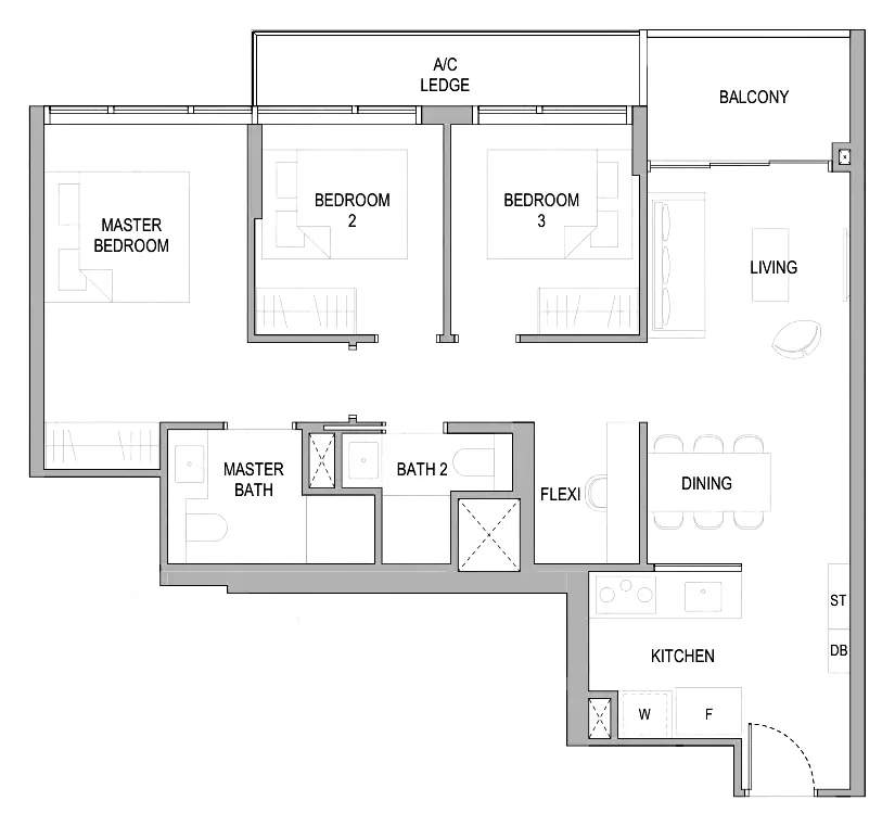 Sora floor plan, type C1: 3-Bedroom Deluxe, 936 sq ft