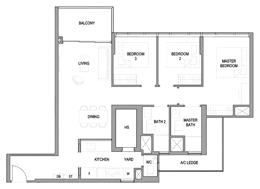 Sora floor plan, type C2: 3-Bedroom Premium, 1,098 sq ft