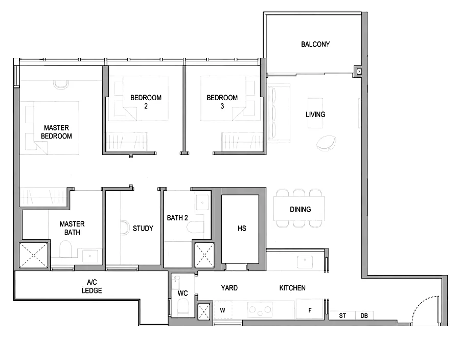 Sora floor plan, type C4S: 3-Bedroom Premium + Study, 1,163 sq ft