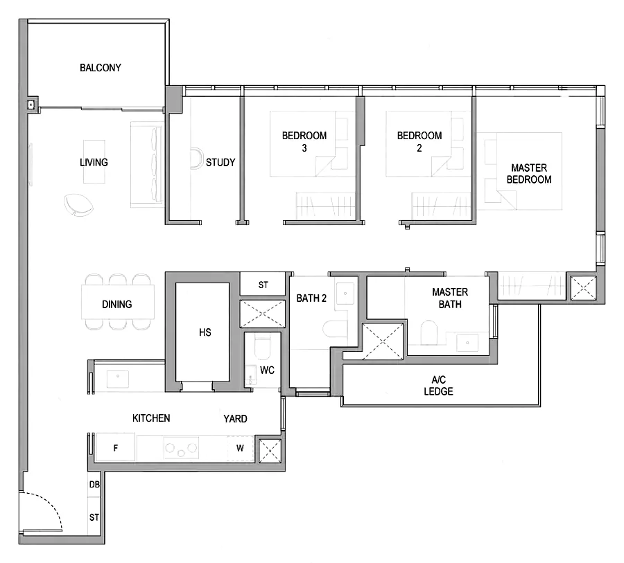Sora floor plan, type C5S: 3-Bedroom Premium + Study, 1,195 sq ft