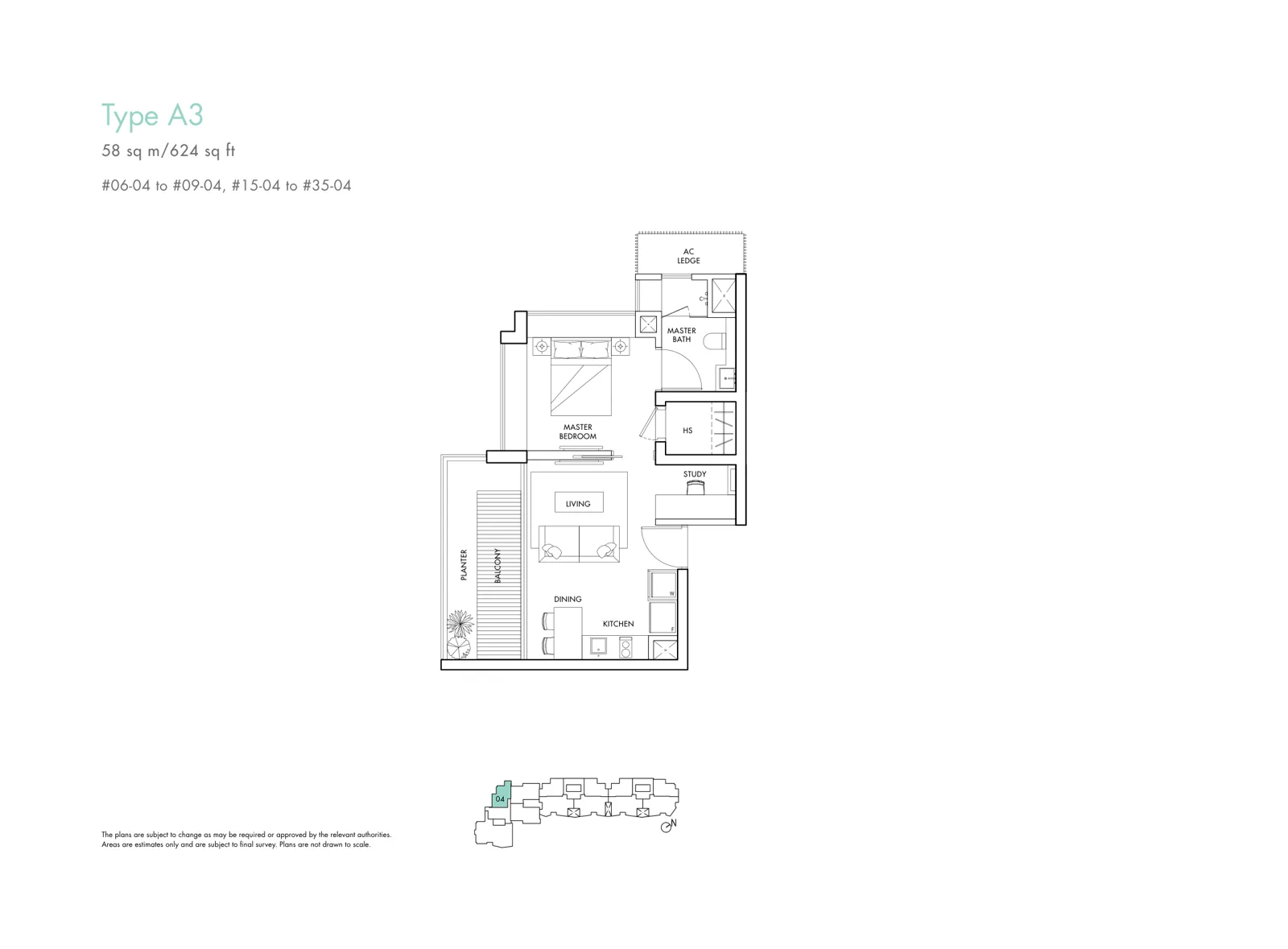 Spottiswoode Residences floor plan, type A3: 1-Bedroom + Study, 624 sq ft