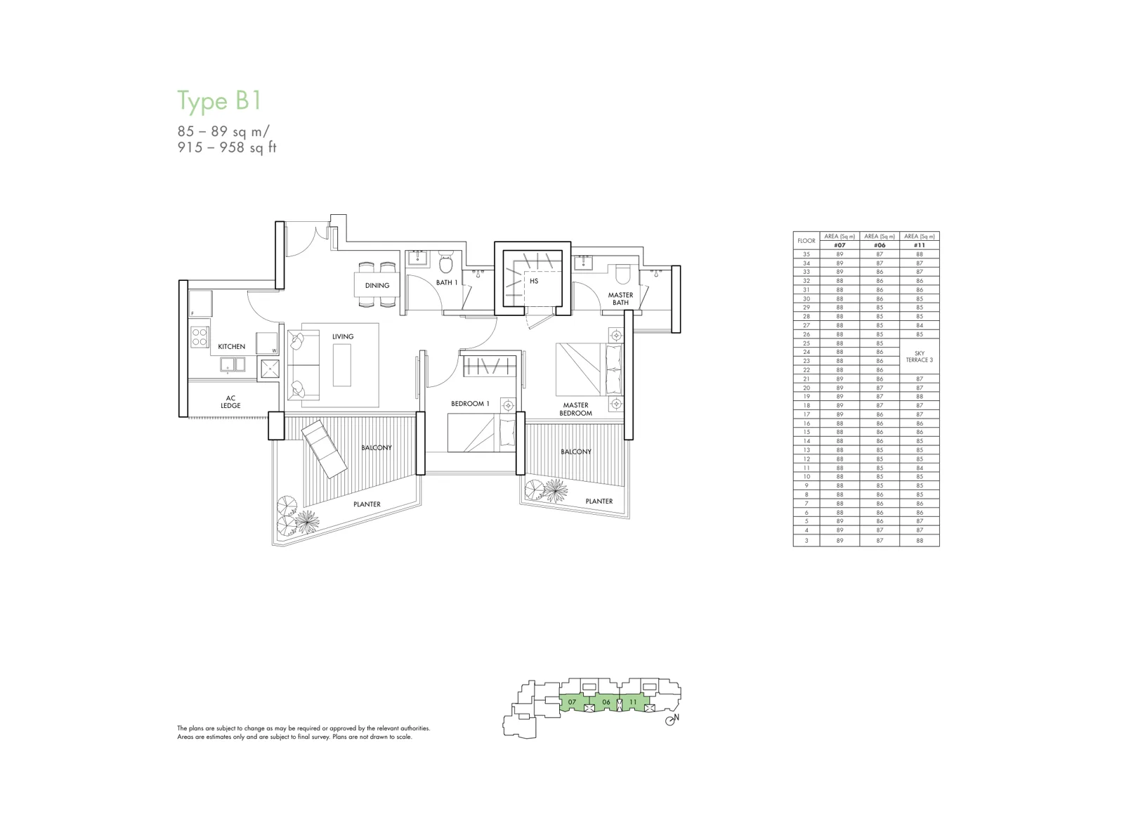 Spottiswoode Residences floor plan, type B1: 2-Bedroom, 936 sq ft