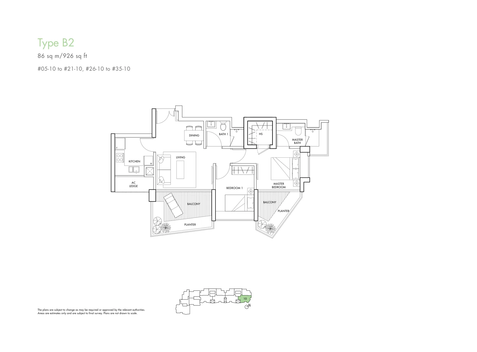 Spottiswoode Residences floor plan, type B2: 2-Bedroom, 926 sq ft