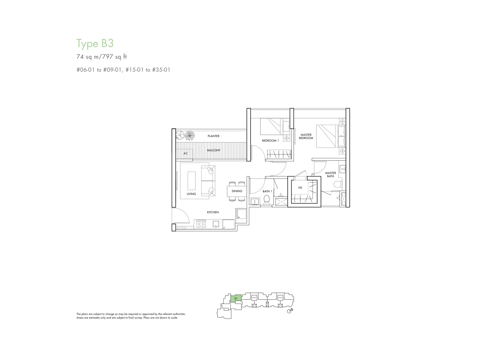 Spottiswoode Residences floor plan, type B3: 2-Bedroom, 797 sq ft