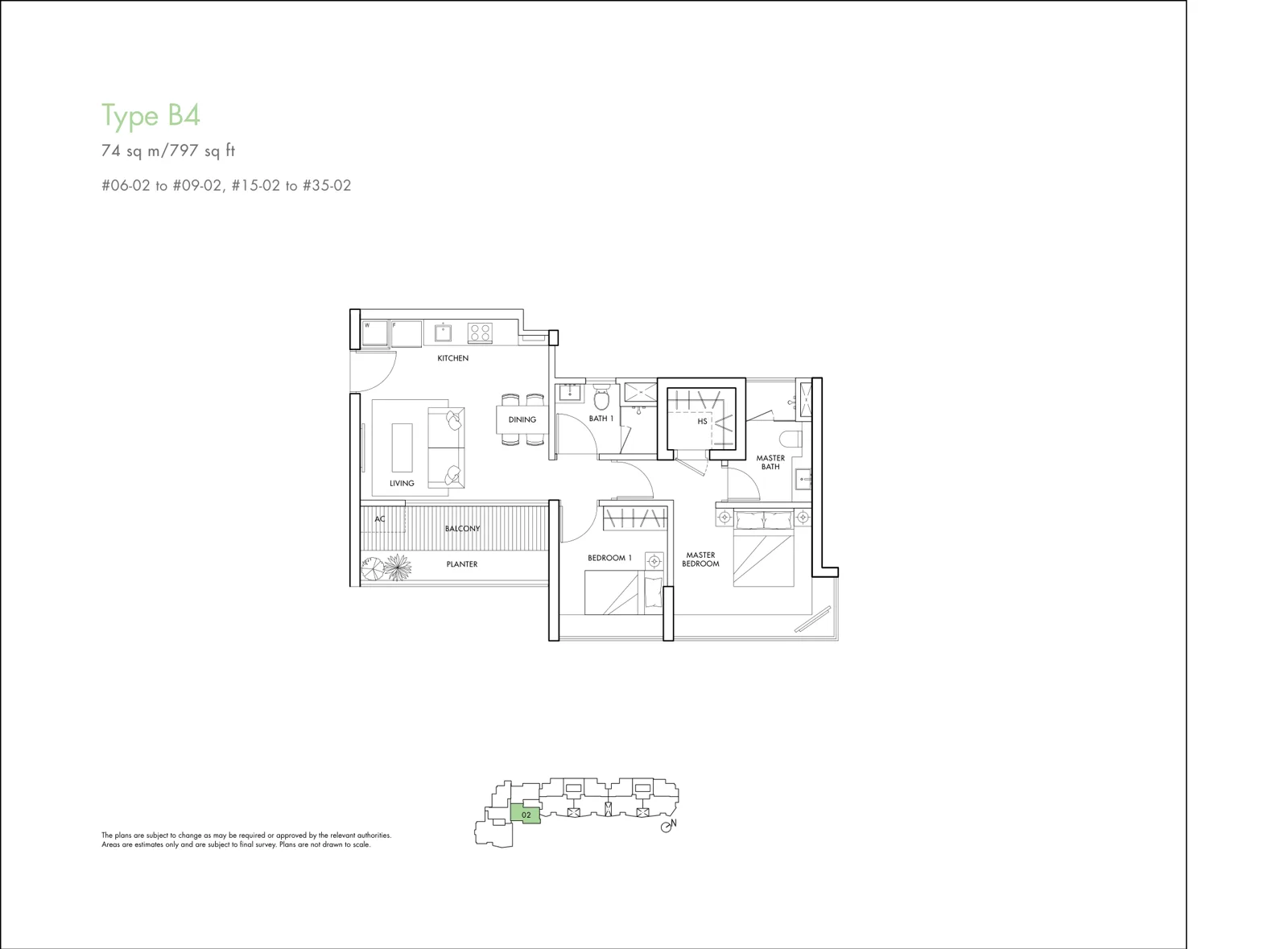 Spottiswoode Residences floor plan, type B4: 2-Bedroom, 797 sq ft