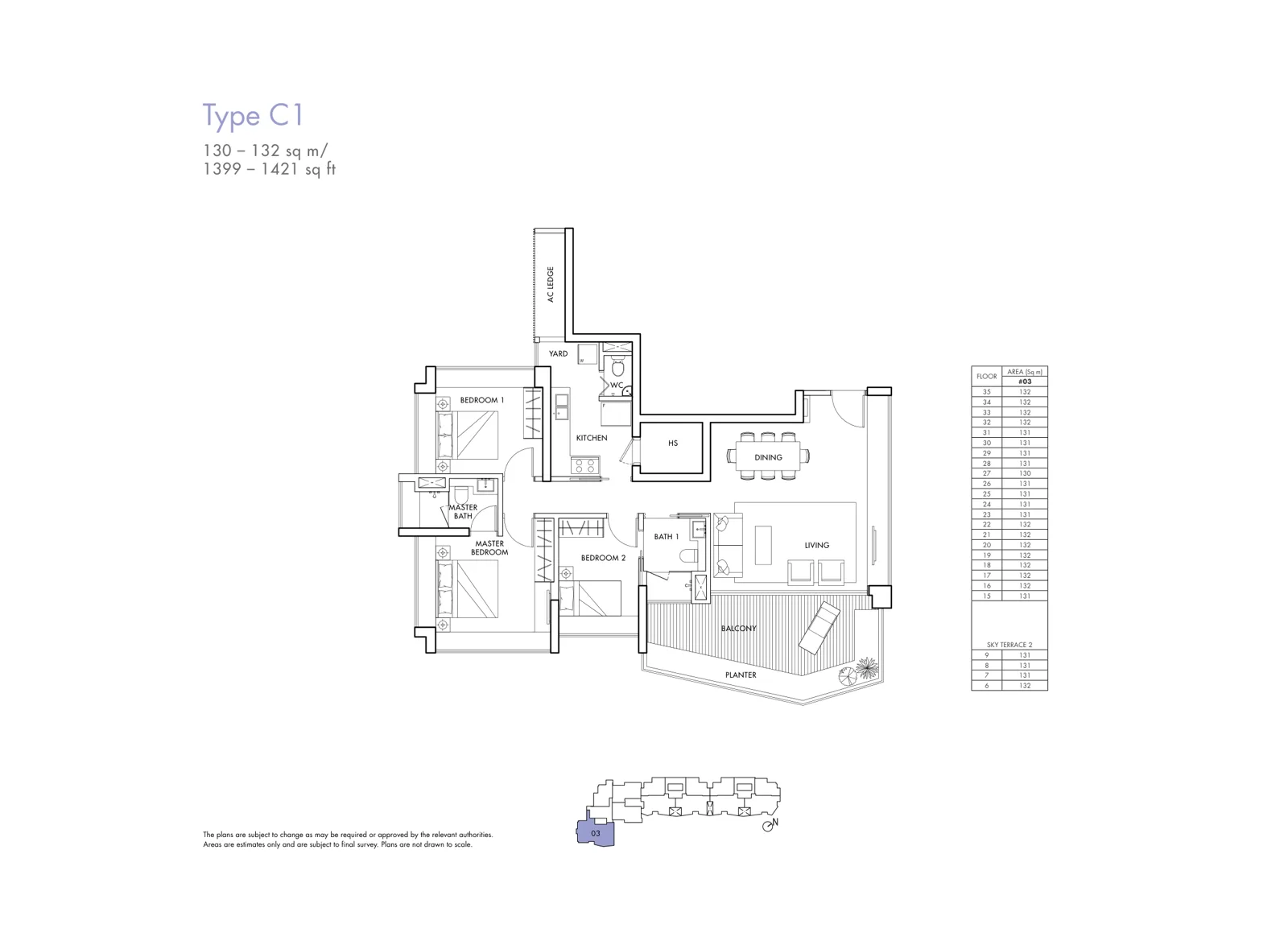 Spottiswoode Residences floor plan, type C1: 3-Bedroom, 1,421 sq ft