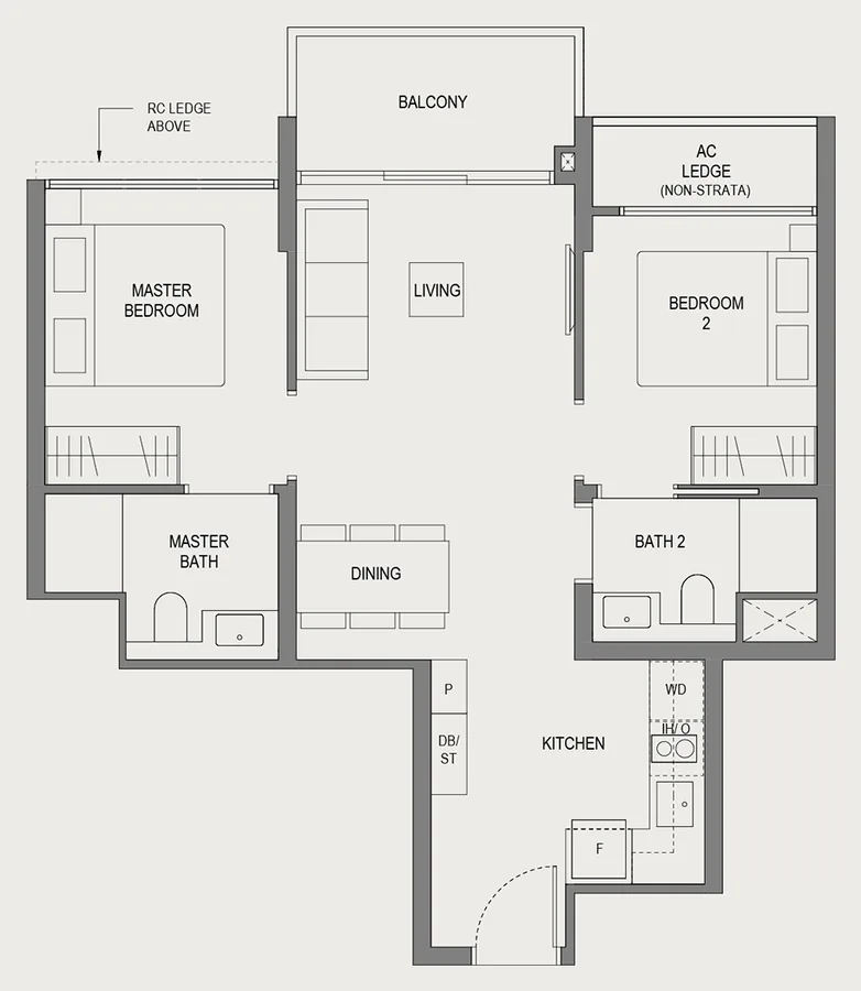 Springleaf Residence floor plan, type B2: 2 Bedroom (Standard), 646 sq ft