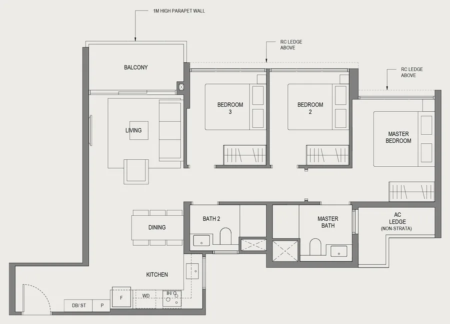 Springleaf Residence floor plan, type C2: 3 Bedroom (Basic), 818 sq ft