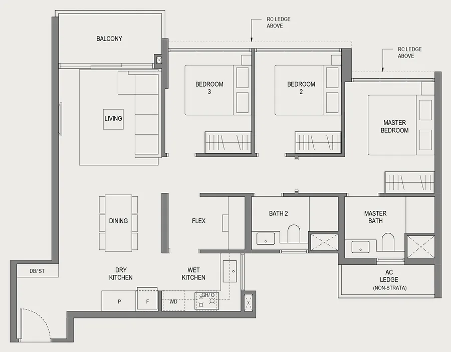 Springleaf Residence floor plan, type C3: 3 Bedroom (Standard), 904 sq ft