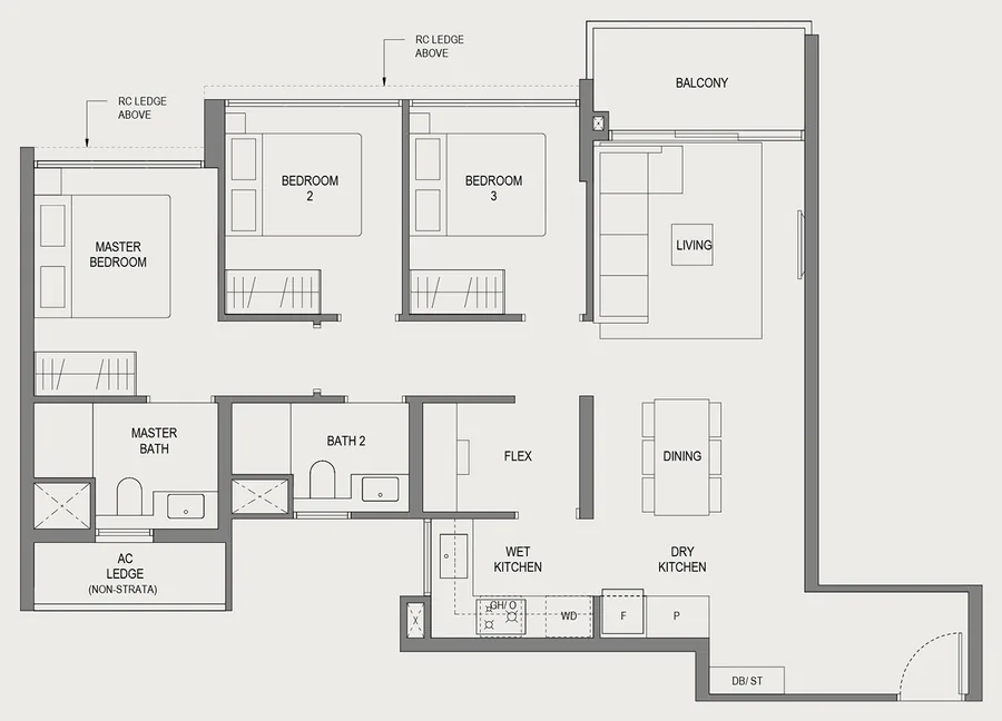 Springleaf Residence floor plan, type C4: 3 Bedroom (Standard), 926 sq ft