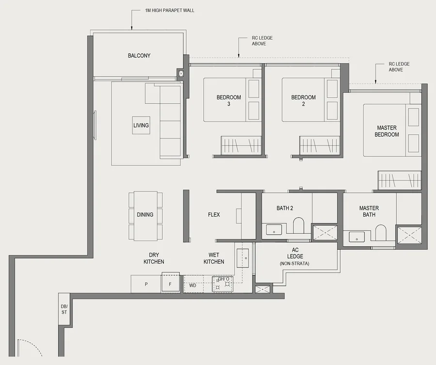 Springleaf Residence floor plan, type C6: 3 Bedroom (Standard), 958 sq ft