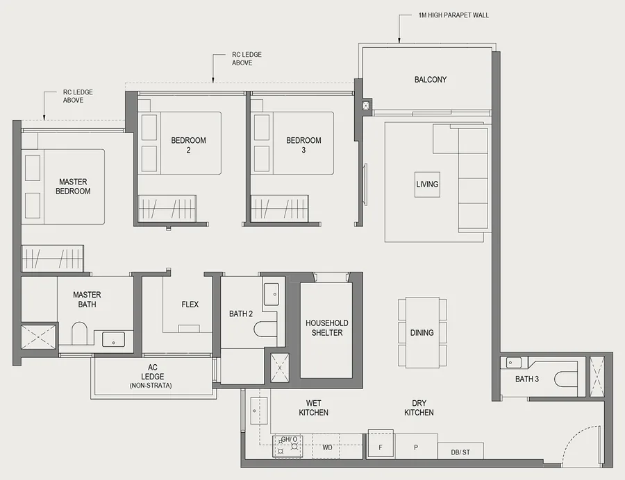 Springleaf Residence floor plan, type C7: 3 Bedroom (Plus), 1,023 sq ft