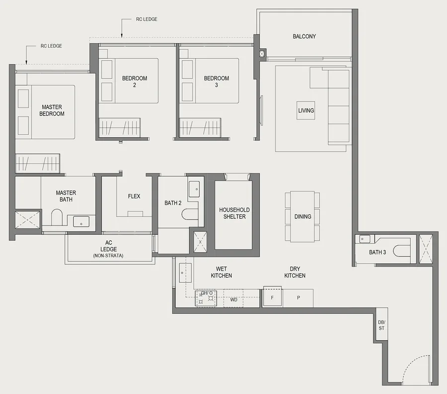 Springleaf Residence floor plan, type C8: 3 Bedroom (Plus), 1,076 sq ft