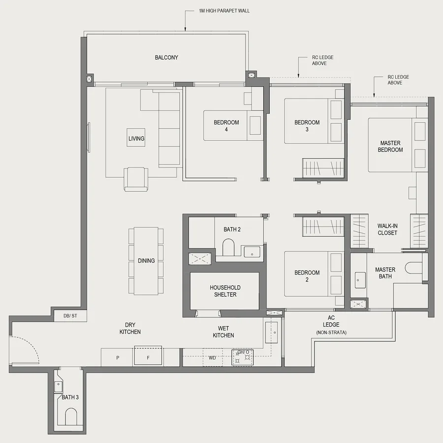 Springleaf Residence floor plan, type D2: 4 Bedroom, 1,227 sq ft