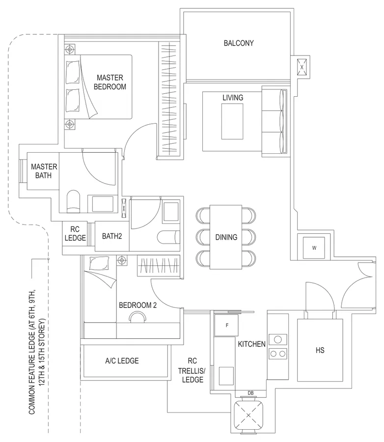Stars Of Kovan floor plan, type B1: 2-Bedroom, 732 sq ft