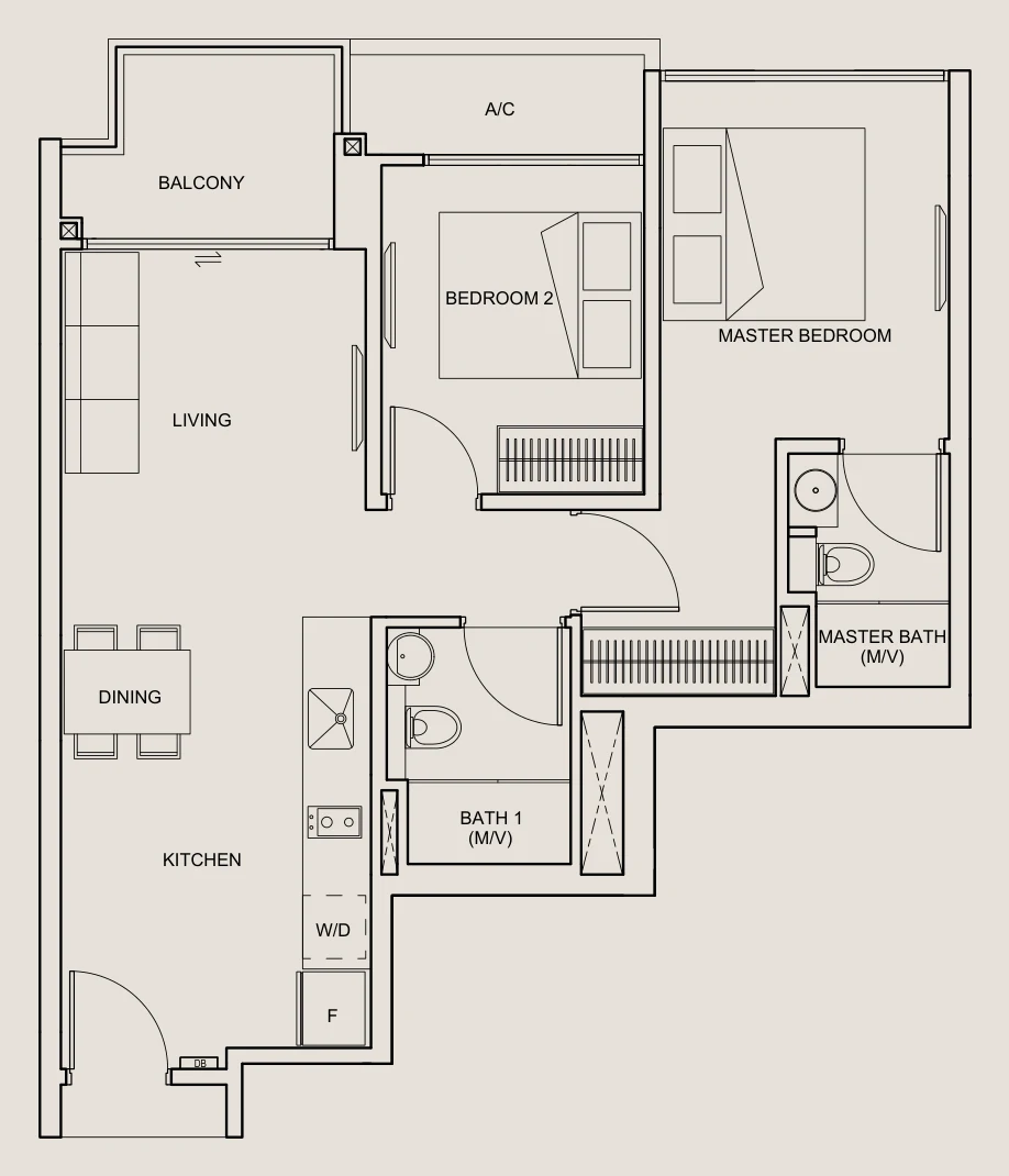 Straits Mansions floor plan, type A1: 2-Bedroom, 721 sq ft