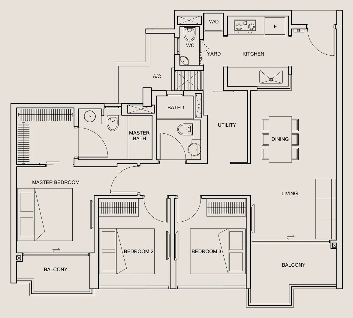Straits Mansions floor plan, type B2: 3-Bedroom + Utility, 1,012 sq ft