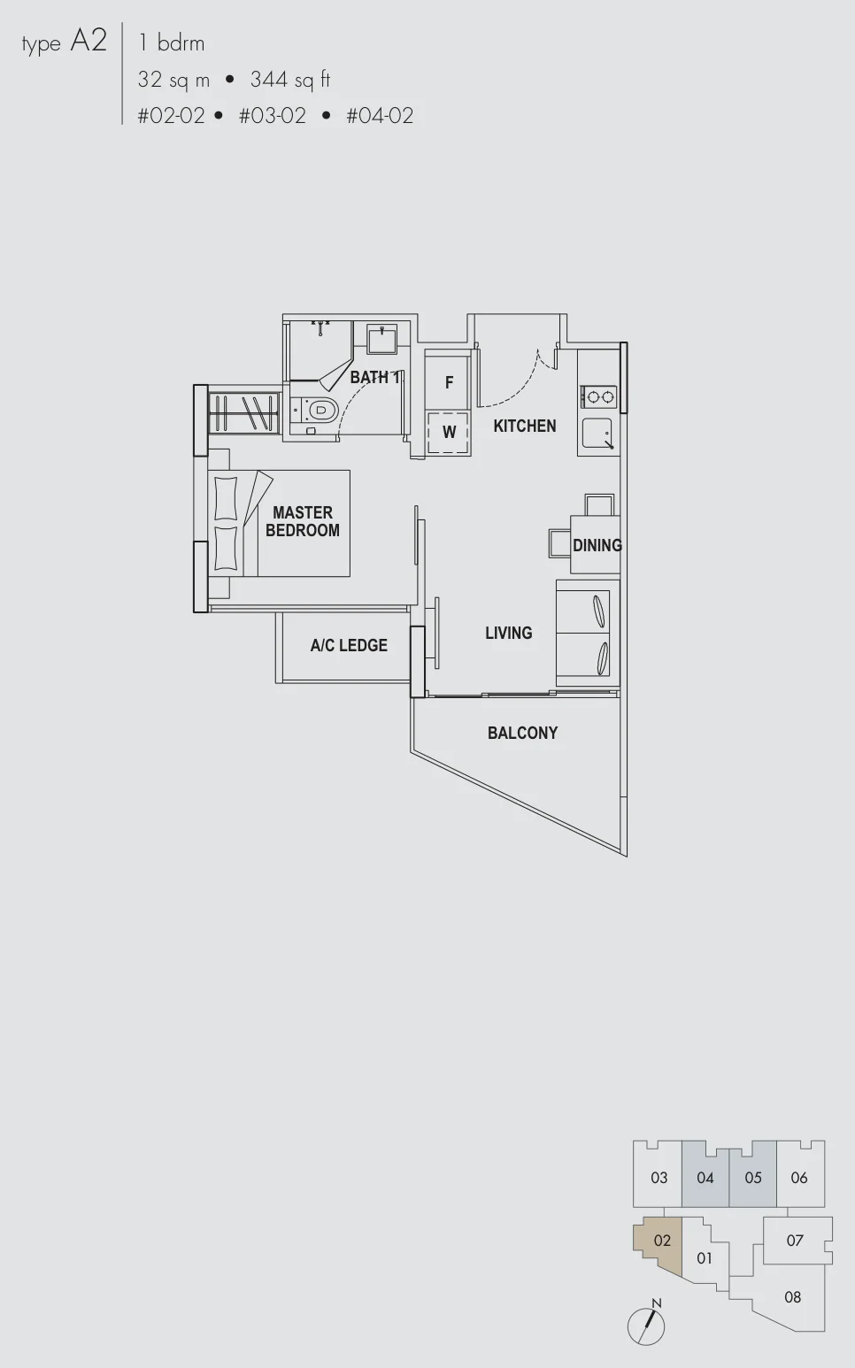 Straits Residences floor plan, type A2: 1-Bedroom, 344 sq ft