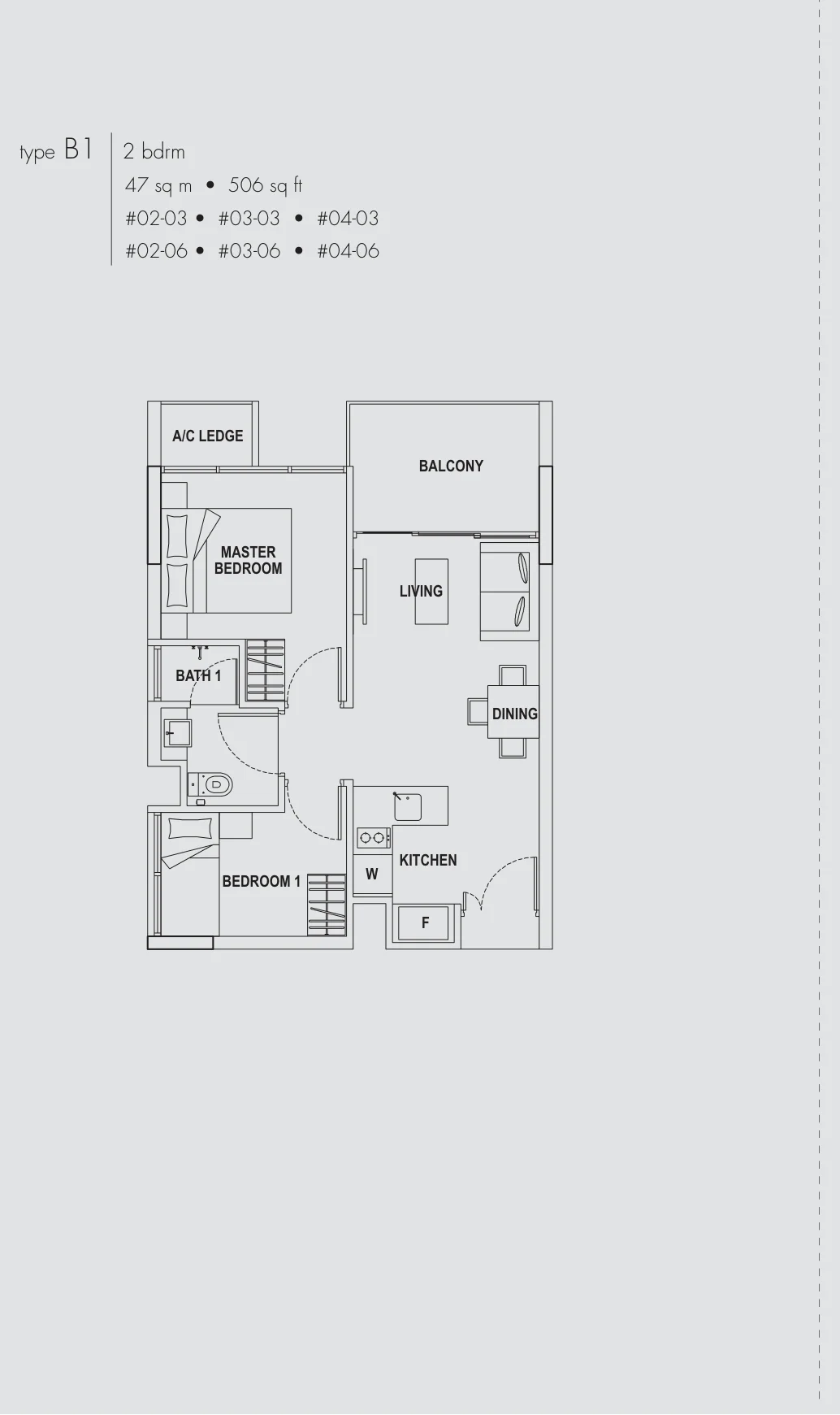 Straits Residences floor plan, type B1: 2-Bedroom, 506 sq ft