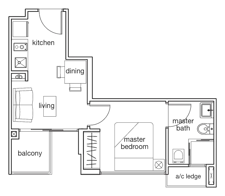 Studios @ Tembeling floor plan, type A2: 1-Bedroom, 355 sq ft