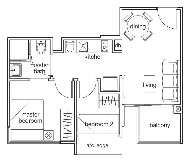 Studios @ Tembeling floor plan, type B1: 2-Bedroom, 463 sq ft