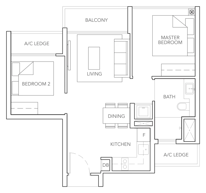 Sturdee Residences floor plan, type B1: 2-Bedroom (some with study), 570 sq ft