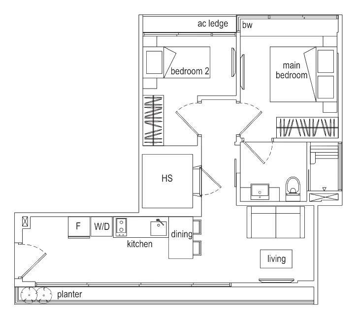 Suites @ Eunos floor plan, type G: 2-Bedroom, 581 sq ft